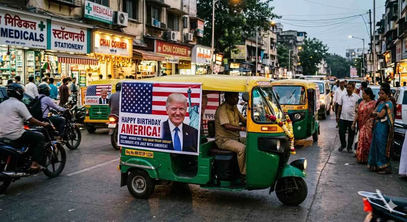 Trump posters are appearing on Indian auto-rickshaws for a 'Happy Birthday America!' campaign