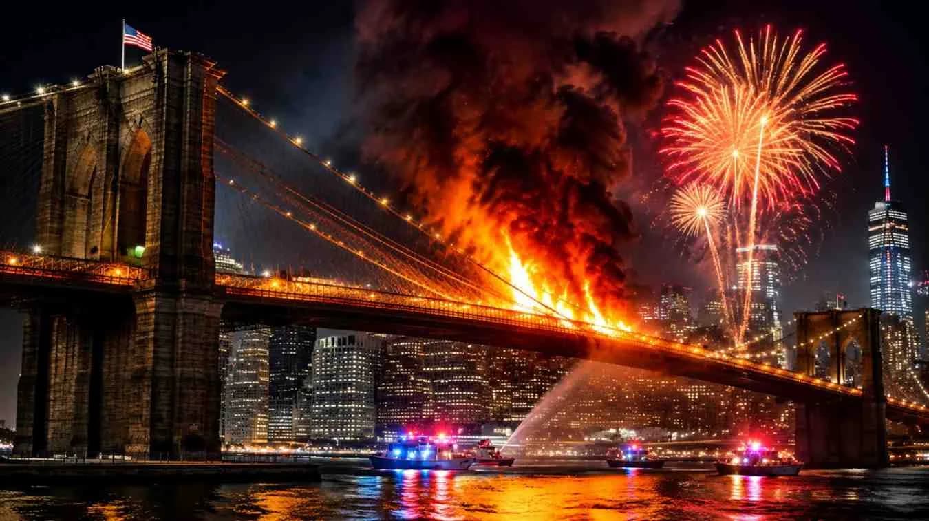 Brooklyn Bridge fire during US Independence Day fireworks show